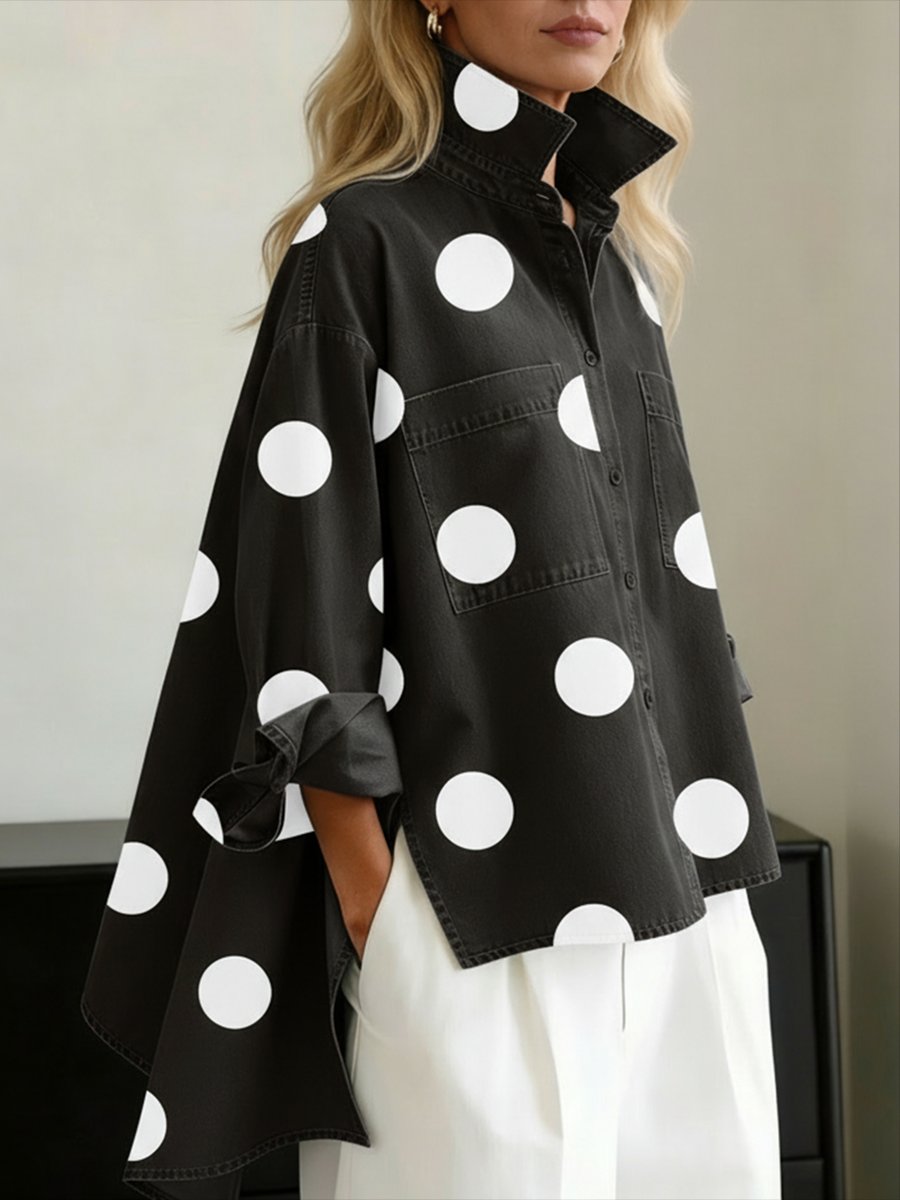 Damen Bluse aus Denim mit Polkadot-Muster in Schwarz