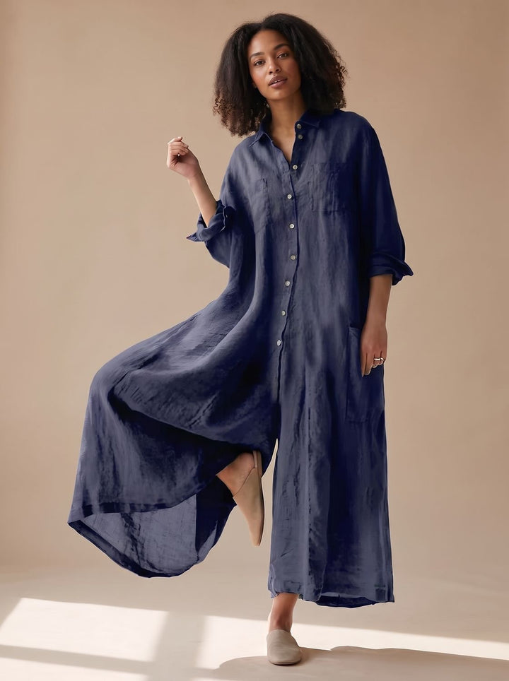 Damen Bluse im Leinenlook Maxilänge in Blau
