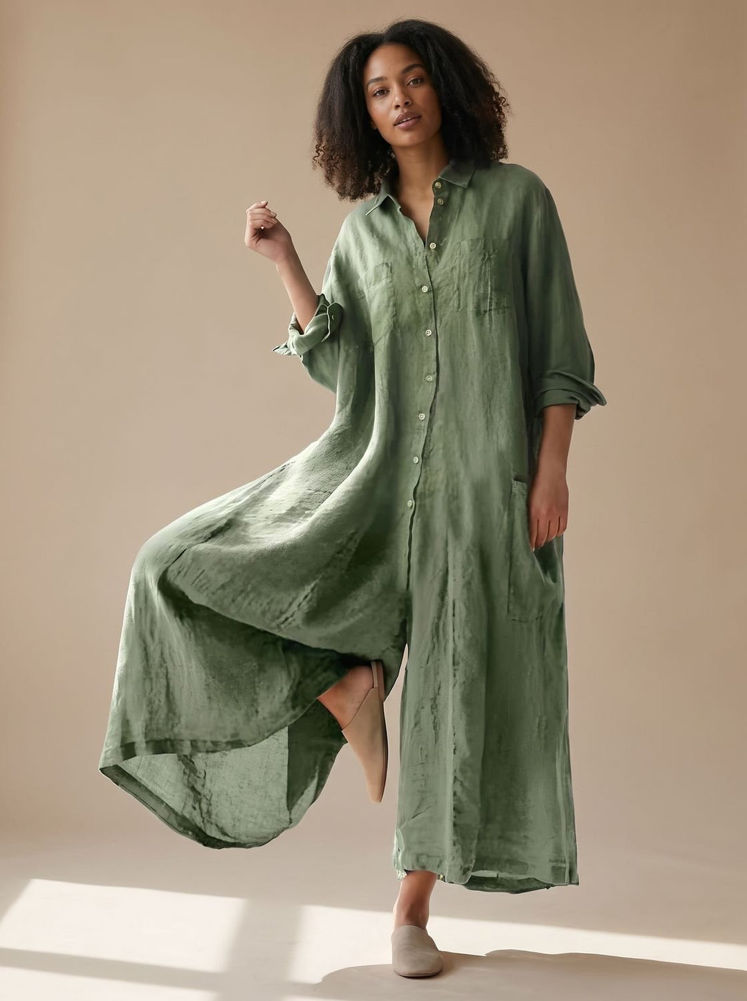 Damen Bluse im Leinenlook Maxilänge in Grün