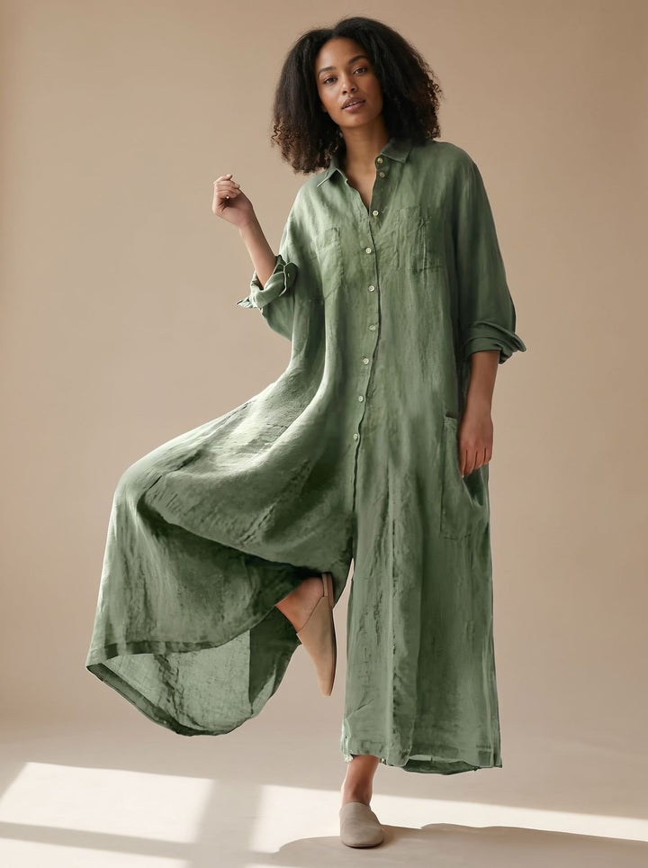 Damen Bluse im Leinenlook Maxilänge in Grün