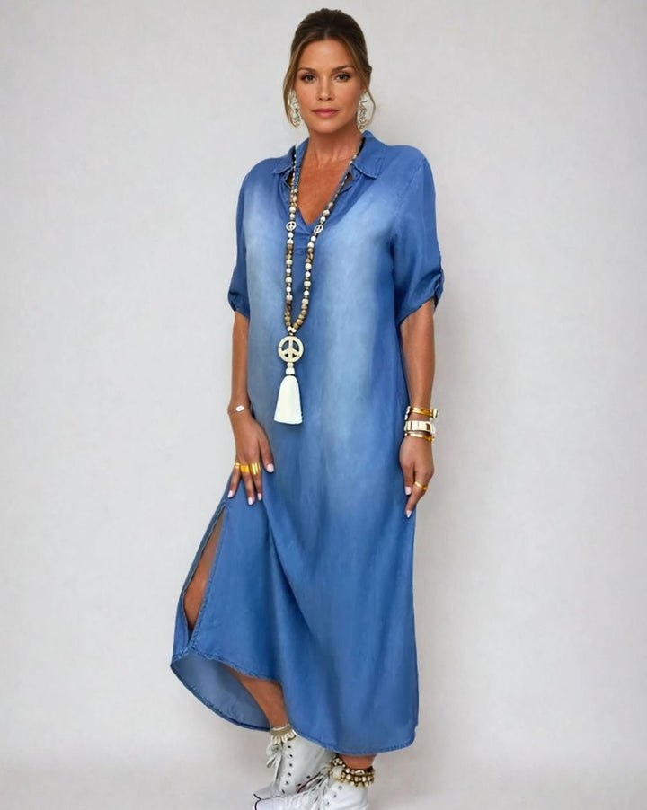 Damen Bluse Maxi im Denim-Look mit Seitenschlitzen