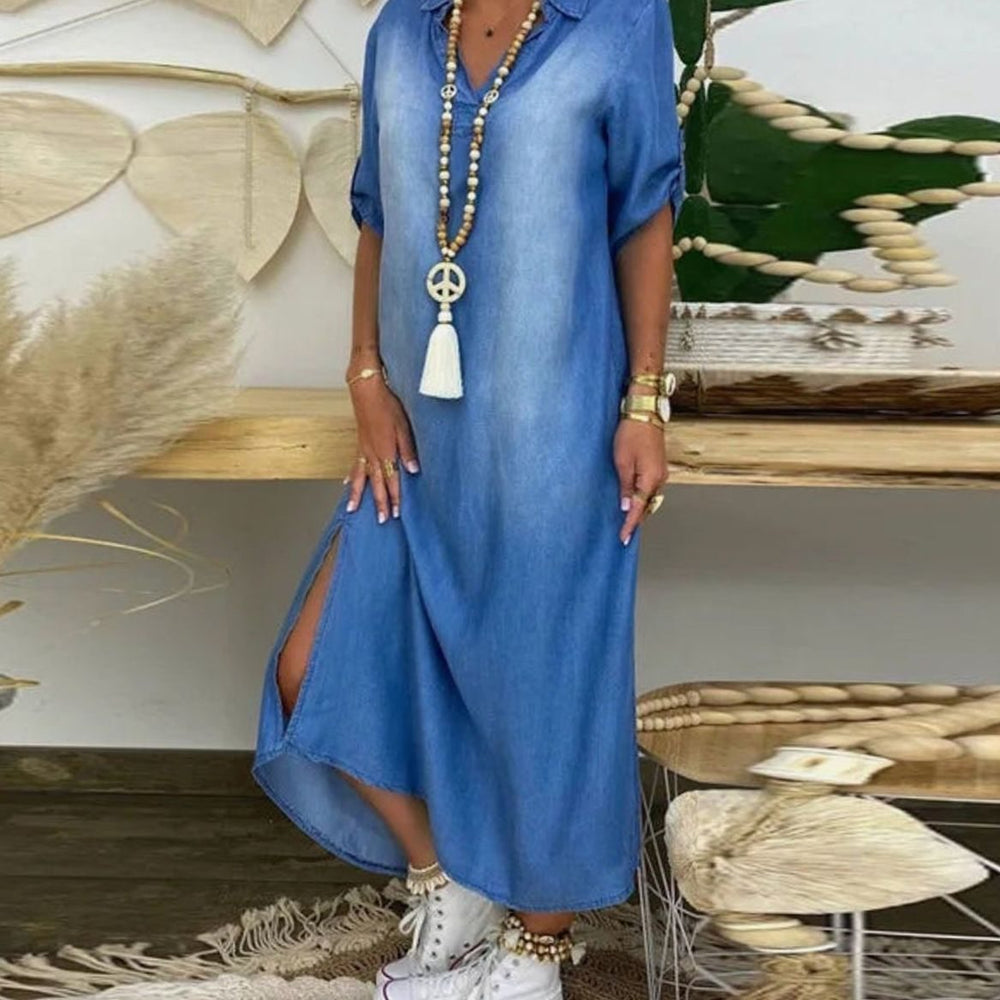 Damen Bluse Maxi im Denim-Look mit Seitenschlitzen in Blau