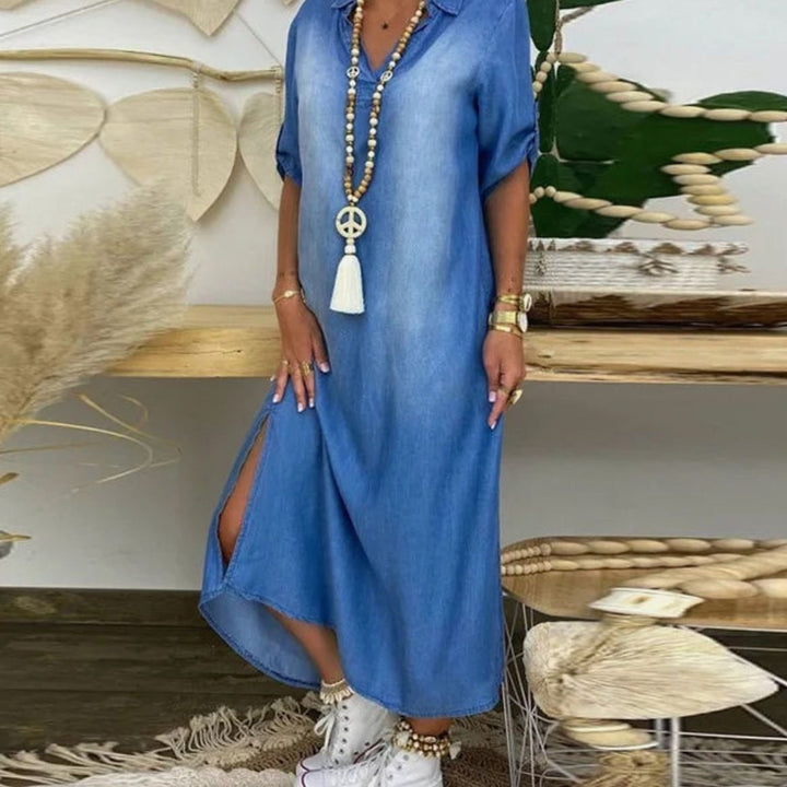 Damen Bluse Maxi im Denim-Look mit Seitenschlitzen in Blau