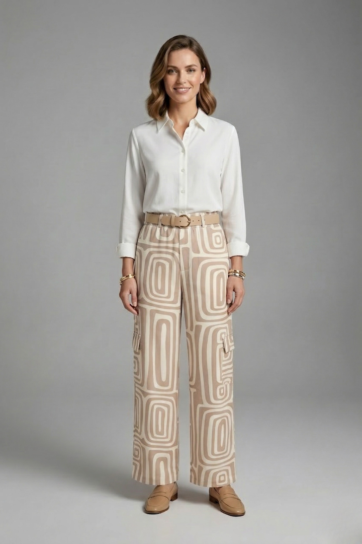 Damen Bluse mit geometrischem Muster und Hose in Beige