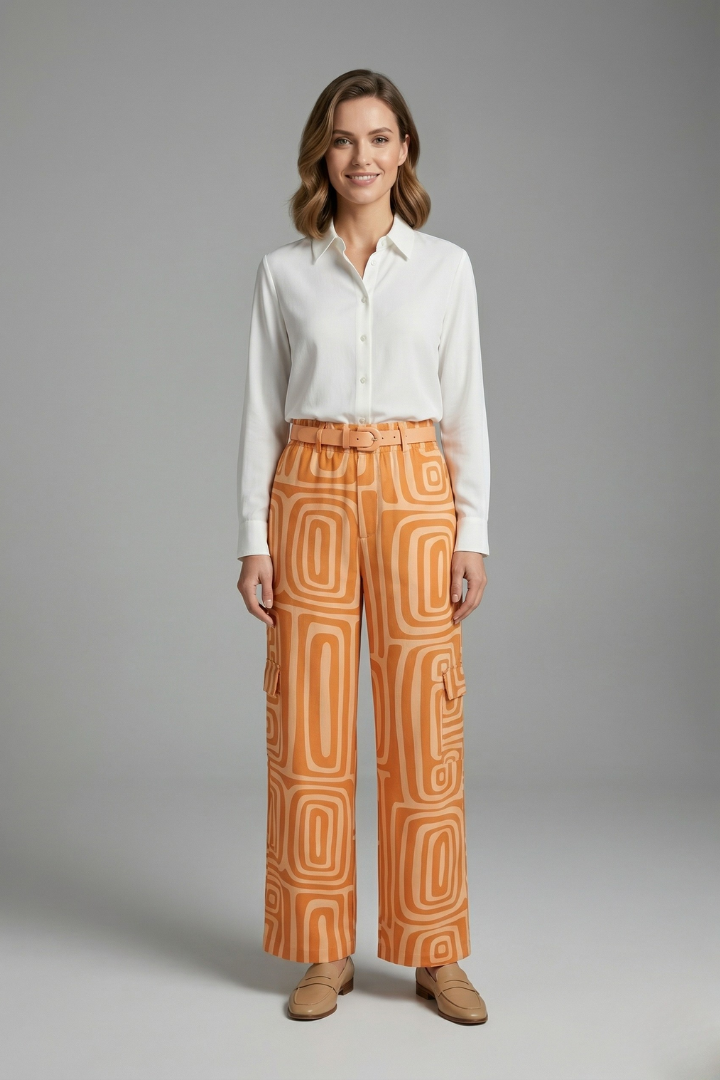 Damen Bluse mit geometrischem Muster und Hose in Orange