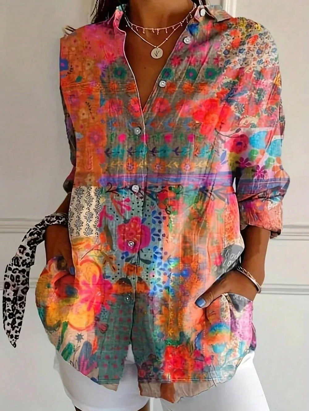 Damen Bluse mit Kunstdruck für den Alltag in Orange