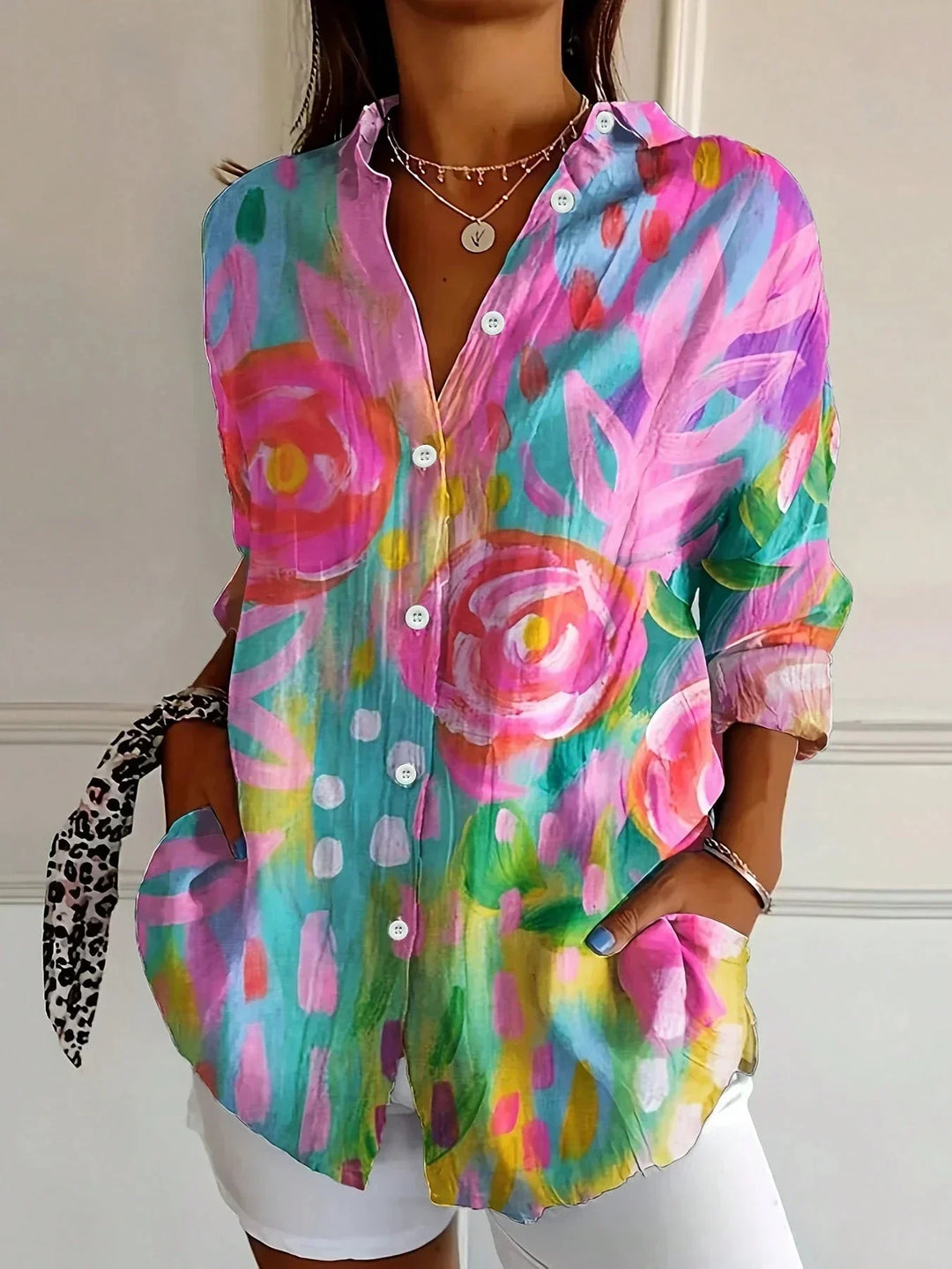 Damen Bluse mit Kunstdruck für den Alltag in Rosa