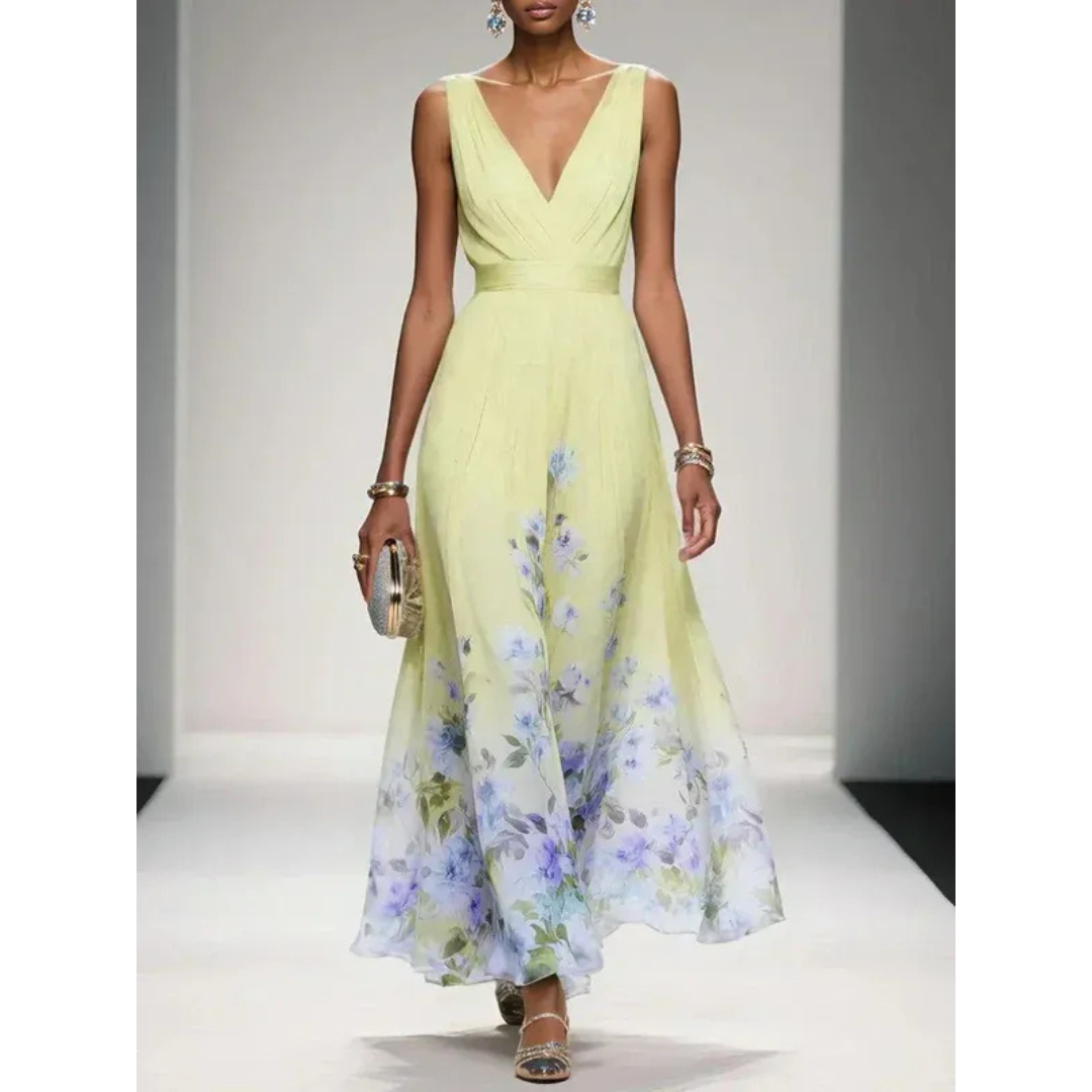 Damen Blüten-Maxikleid für Herbst-Hochzeitsgäste in Gelb