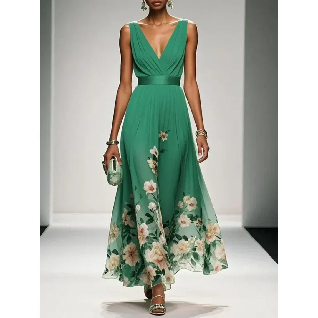 Damen Blüten-Maxikleid für Herbst-Hochzeitsgäste in Grün