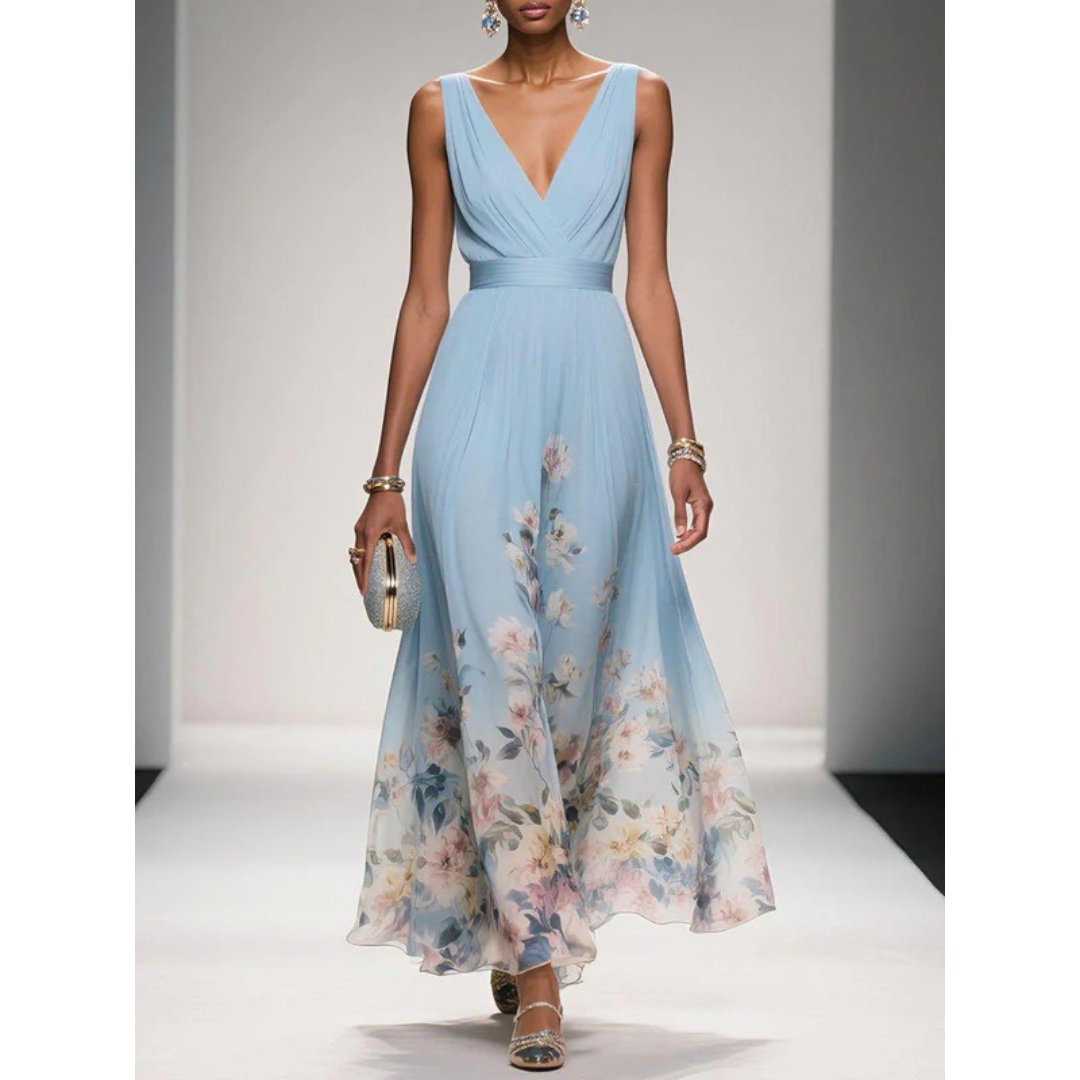 Damen Blüten-Maxikleid für Herbst-Hochzeitsgäste in Hellblau