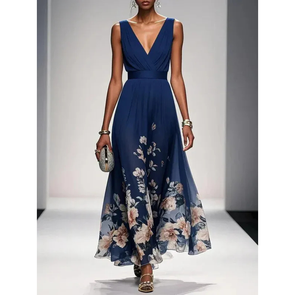 Damen Blüten-Maxikleid für Herbst-Hochzeitsgäste in Marineblau