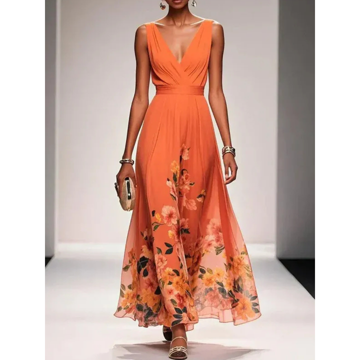 Damen Blüten-Maxikleid für Herbst-Hochzeitsgäste in Orange