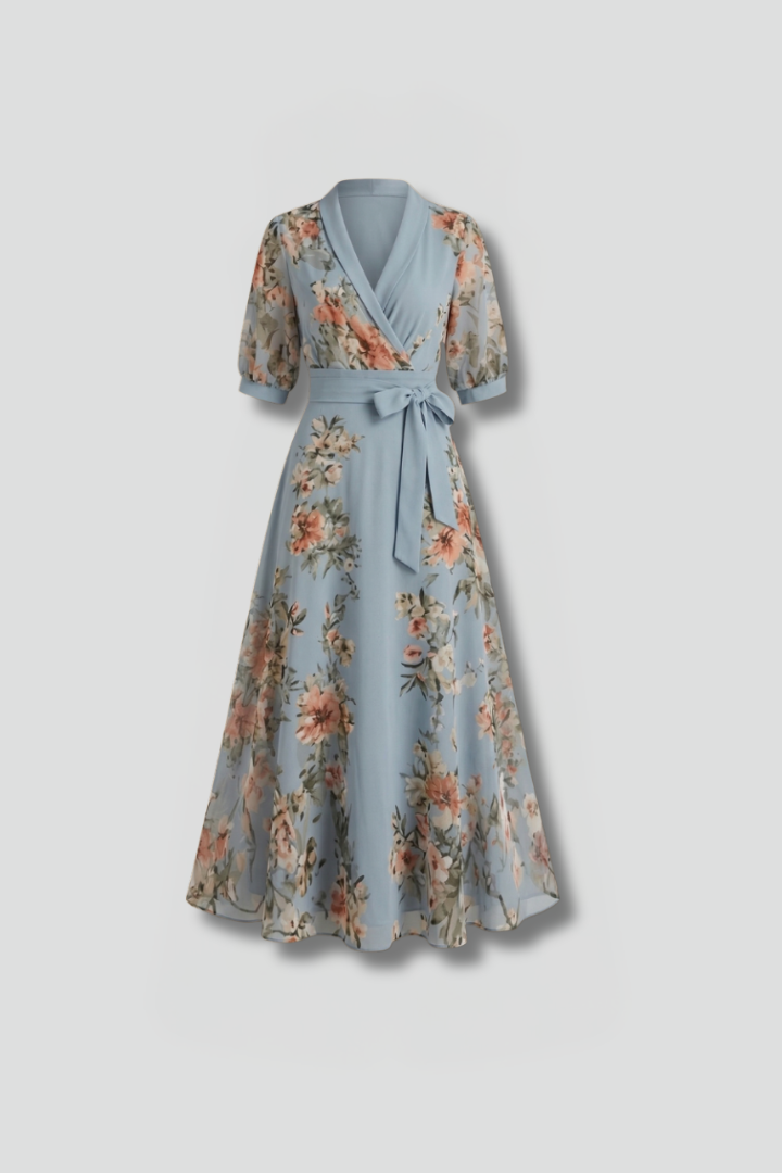 Damen Blütenprint Midikleid mit Kurzarm und V-Ausschnitt für Hochzeitsgäste im Sommer