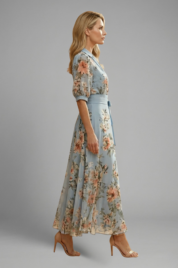 Damen Blütenprint Midikleid mit Kurzarm und V-Ausschnitt für Hochzeitsgäste im Sommer (4)