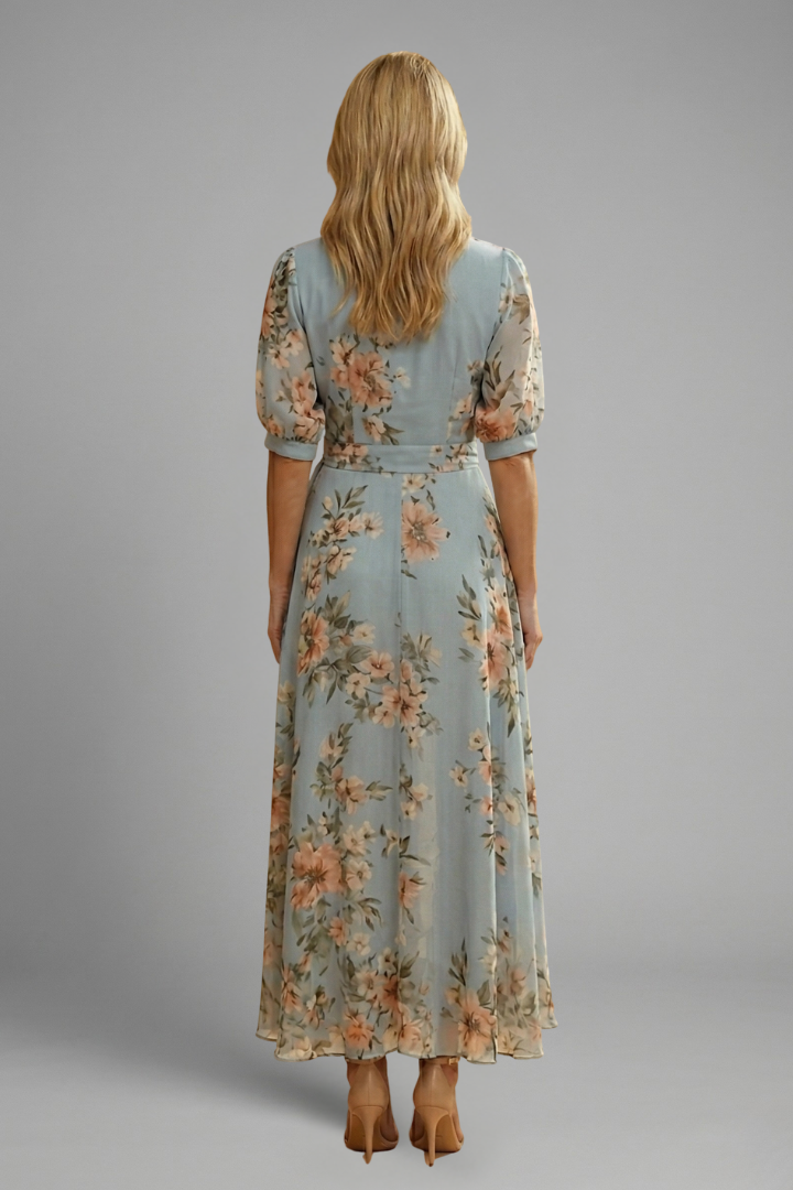 Damen Blütenprint Midikleid mit Kurzarm und V-Ausschnitt für Hochzeitsgäste im Sommer (5)
