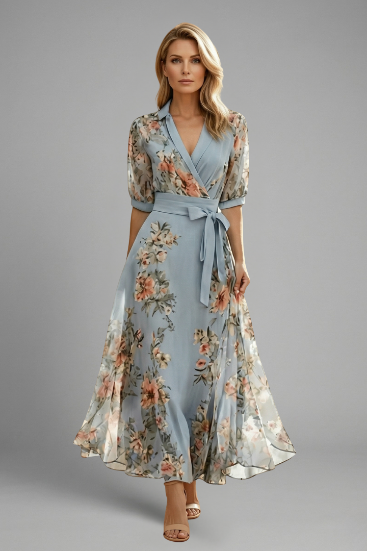 Damen Blütenprint Midikleid mit Kurzarm und V-Ausschnitt für Hochzeitsgäste im Sommer in Blau