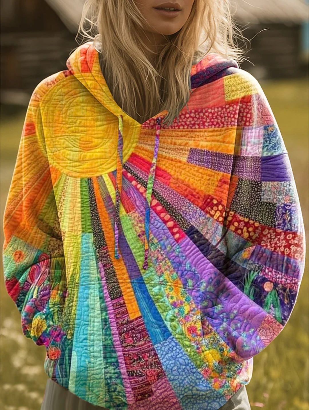 Damen Boho Pullover mit Sonnenmuster in Mehrfarbig