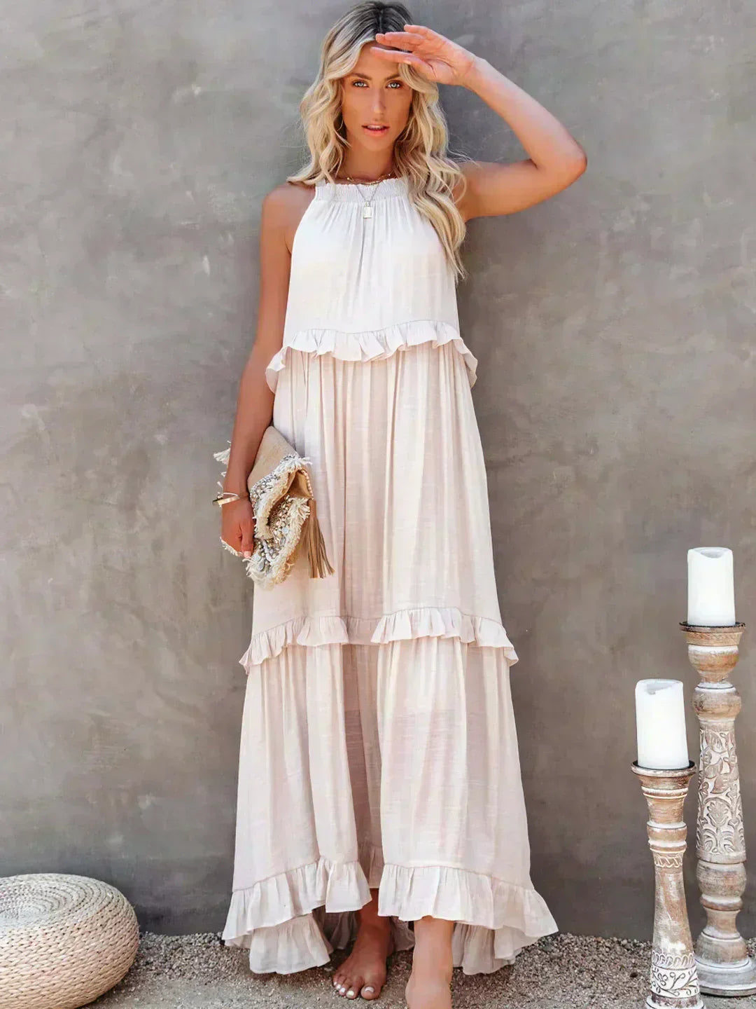 Damen Boho Sommerkleid in Maxi-Länge für den Strand in Beige 1