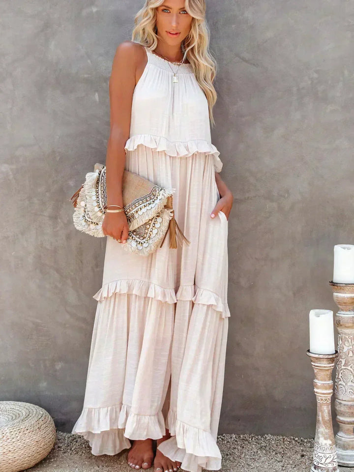 Damen Boho Sommerkleid in Maxi-Länge für den Strand in Beige 2