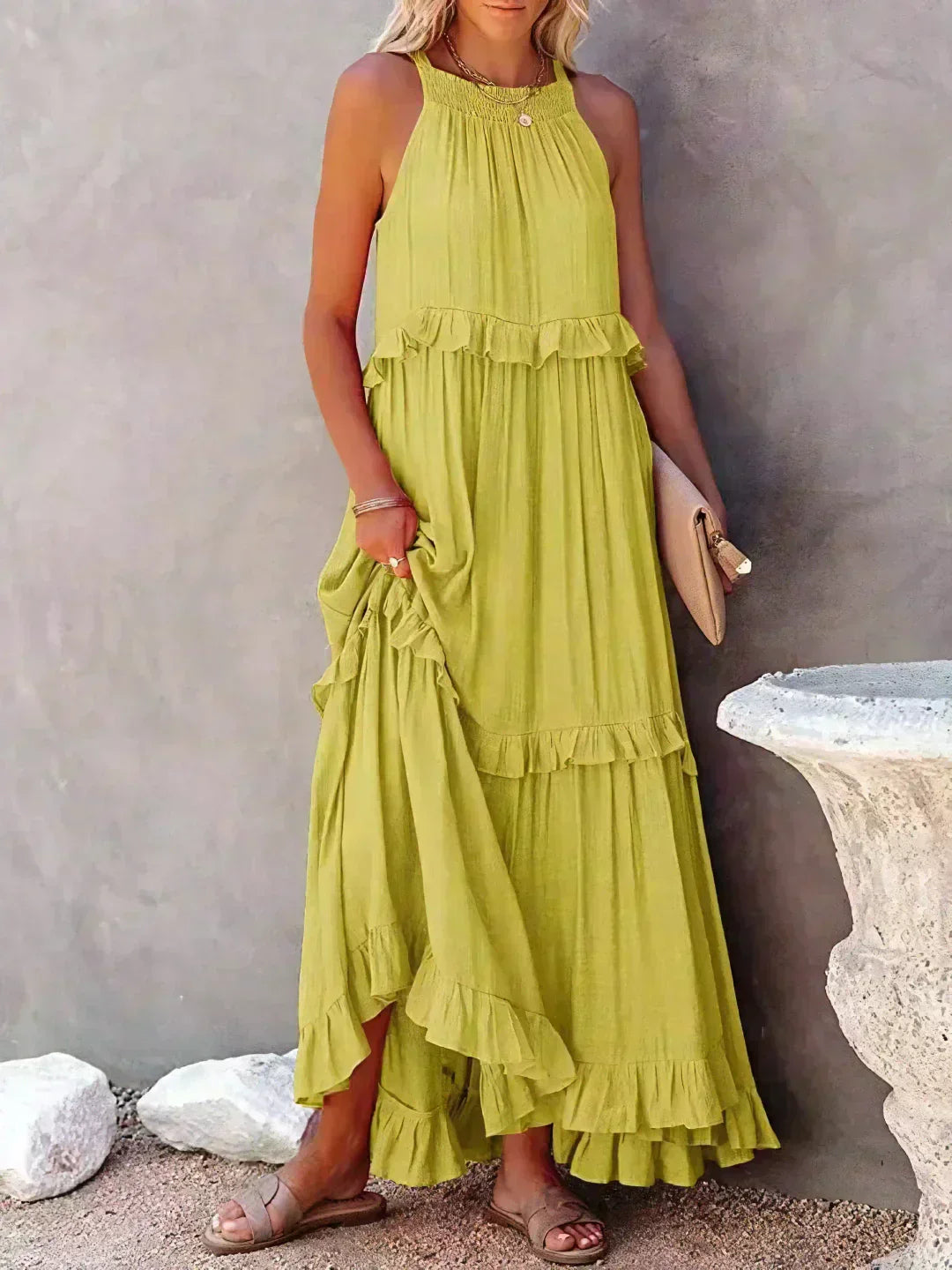 Damen Boho Sommerkleid in Maxi-Länge für den Strand in Gelb 1