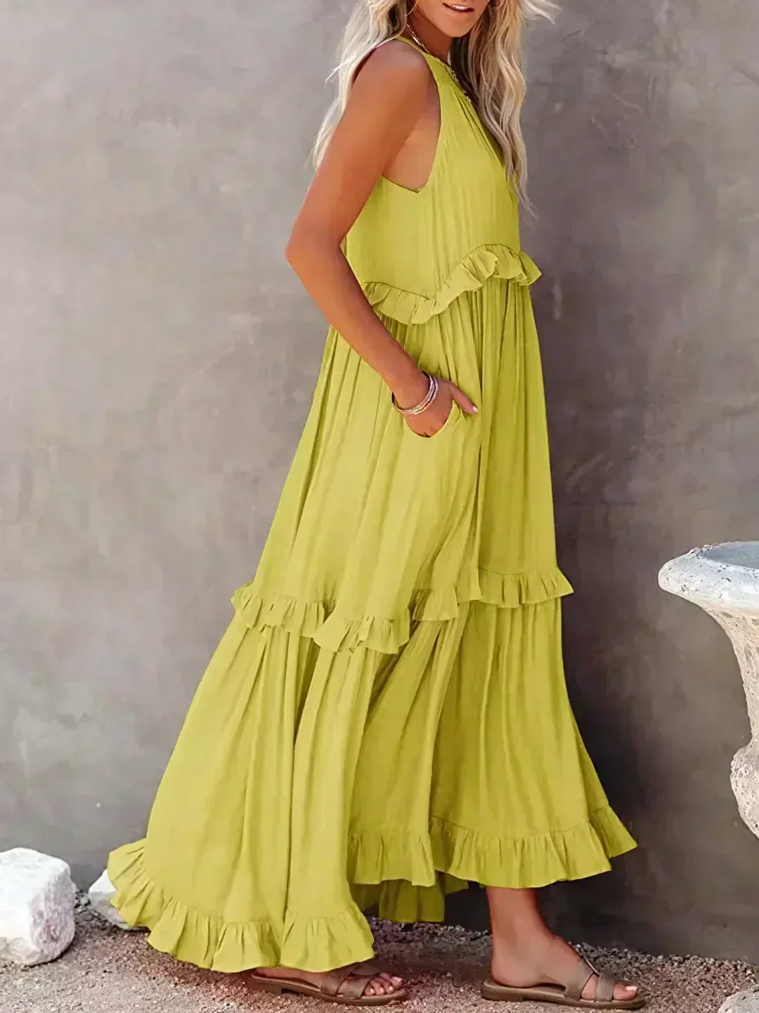 Damen Boho Sommerkleid in Maxi-Länge für den Strand in Gelb 2