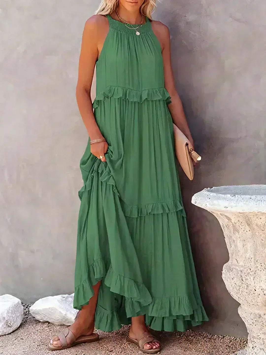 Damen Boho Sommerkleid in Maxi-Länge für den Strand in Grün 1