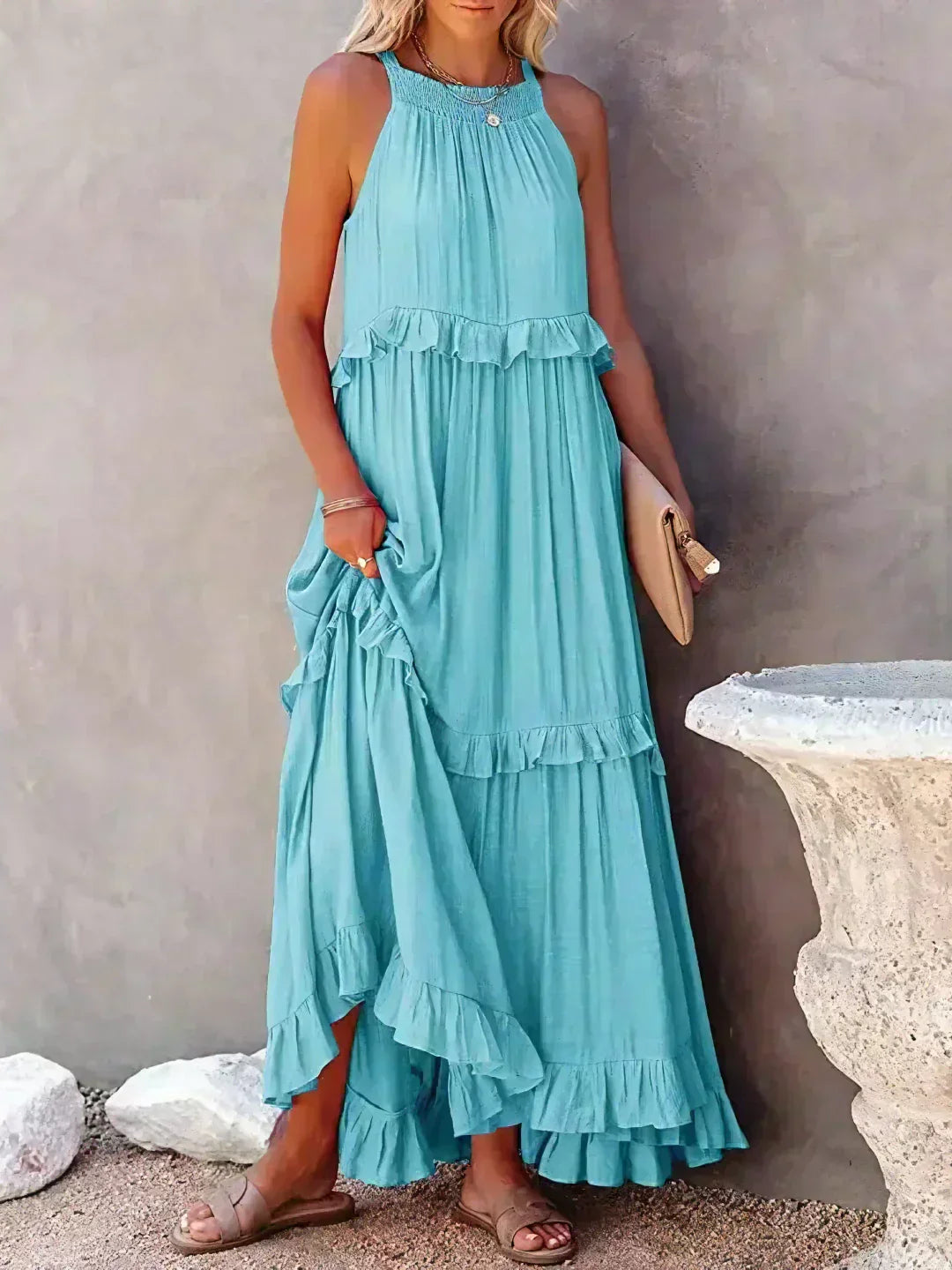 Damen Boho Sommerkleid in Maxi-Länge für den Strand in Hellblau 1