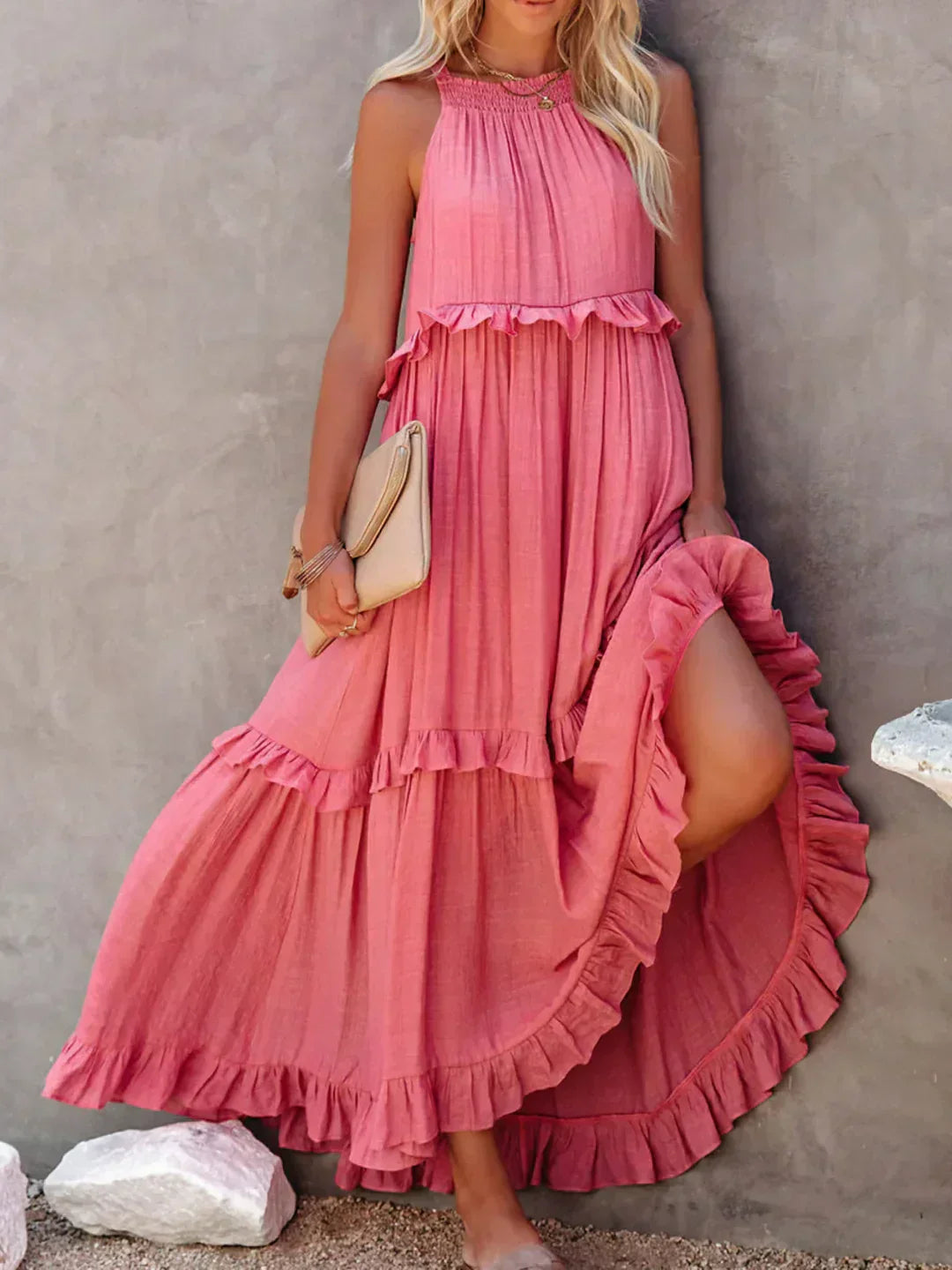 Damen Boho Sommerkleid in Maxi-Länge für den Strand in Rosa 1