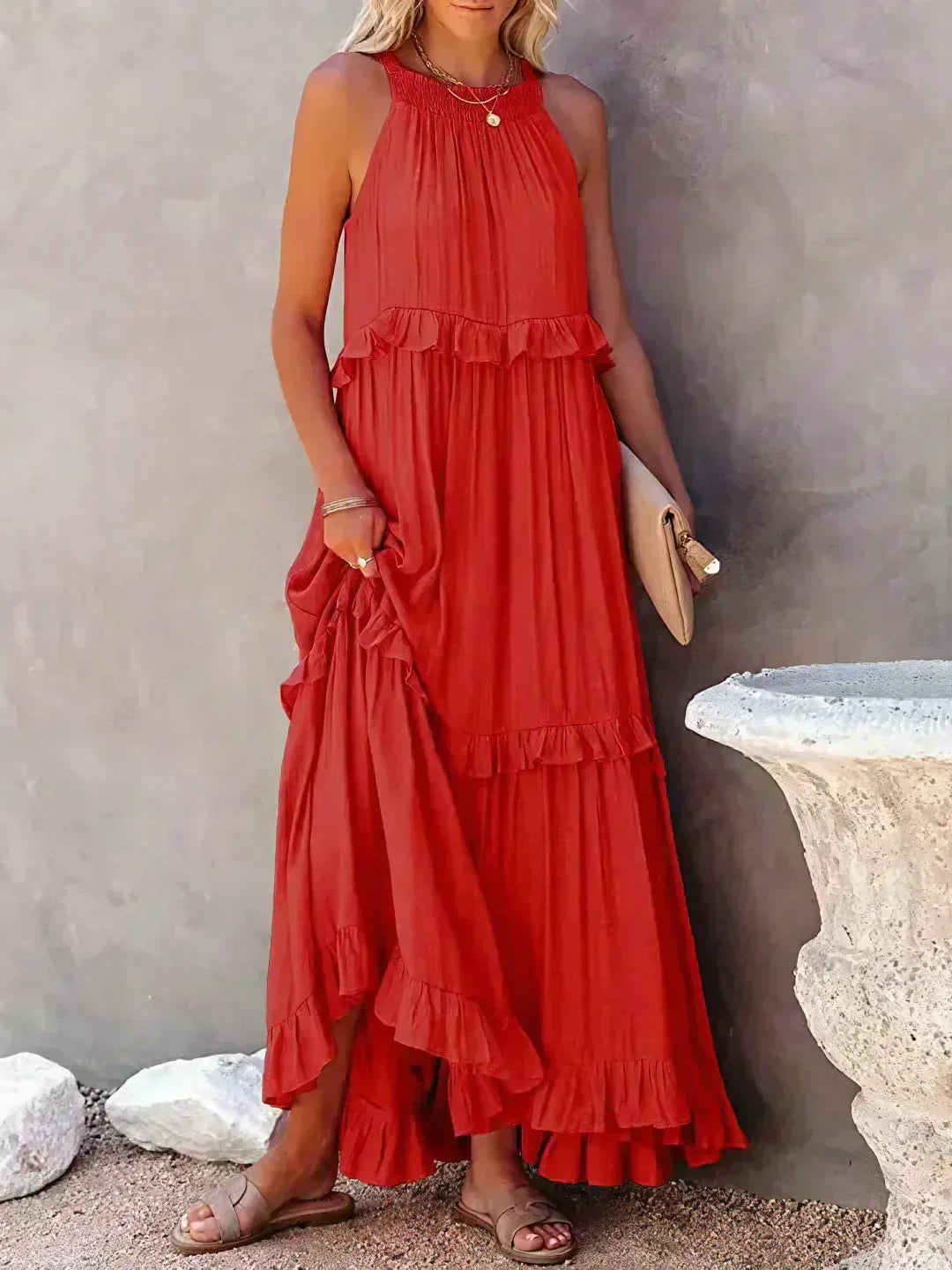 Damen Boho Sommerkleid in Maxi-Länge für den Strand in Rot 1