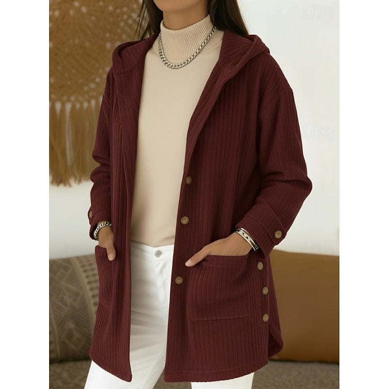 Damen Cardigan mit Kapuze für Herbst in Weinrot