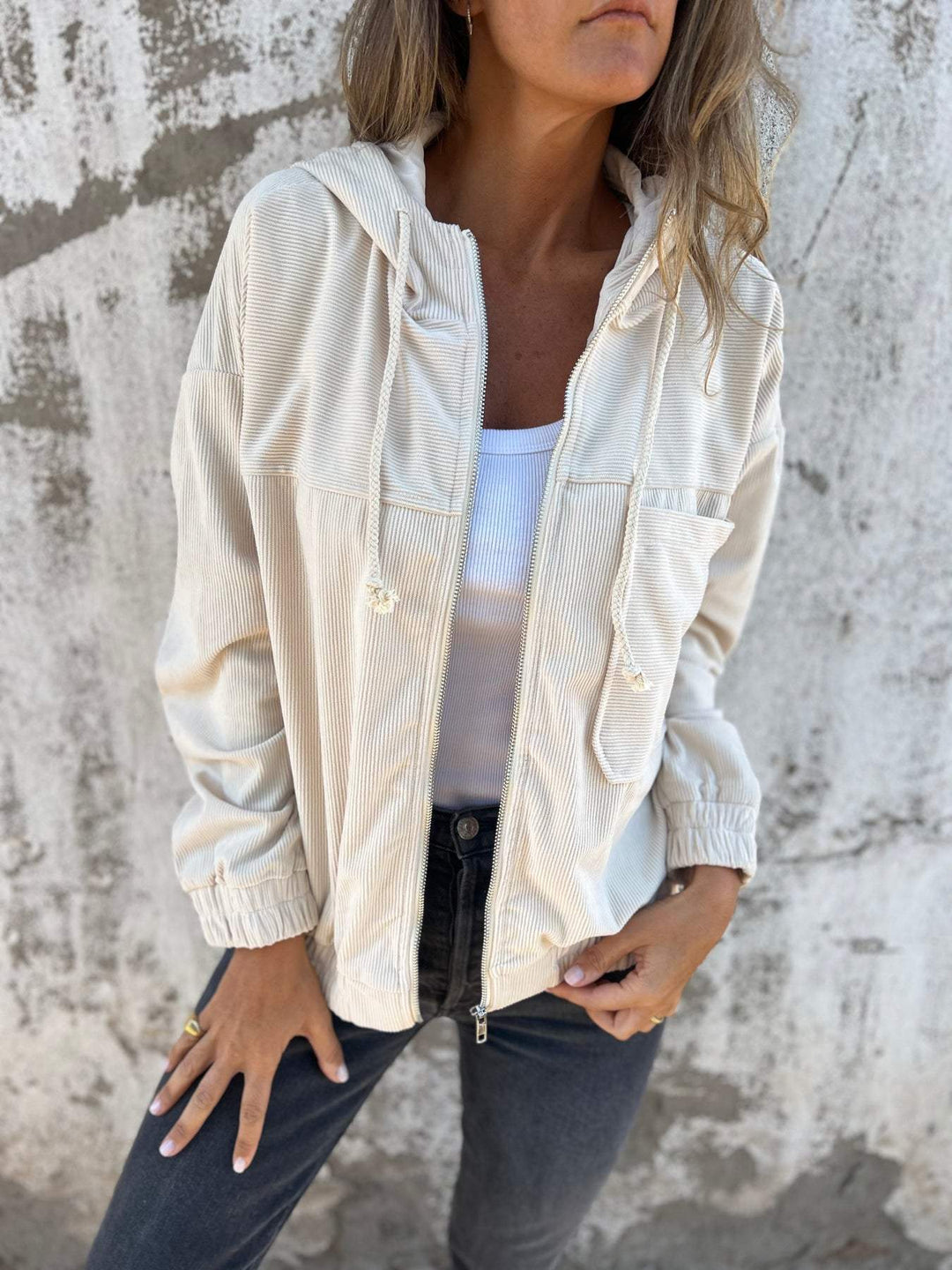 Damen Casual Baumwoll-Jacke mit Kapuze in Weiß