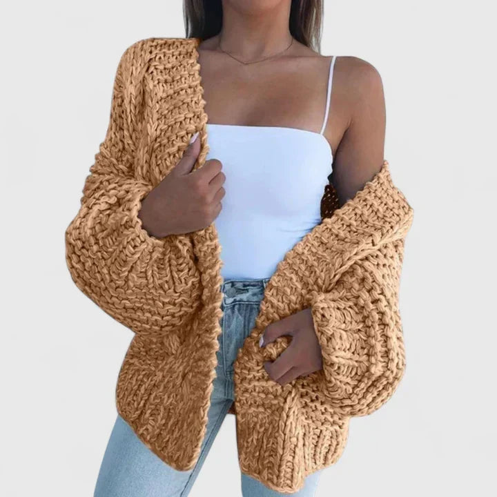 Damen Chunky-Strickjacke elegant mit offener Front in Braun