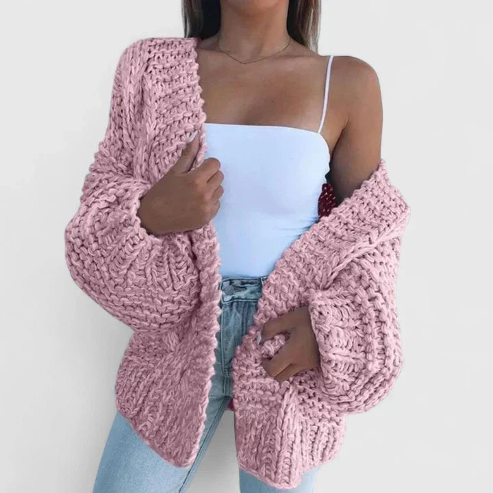 Damen Chunky-Strickjacke elegant mit offener Front in Rosa