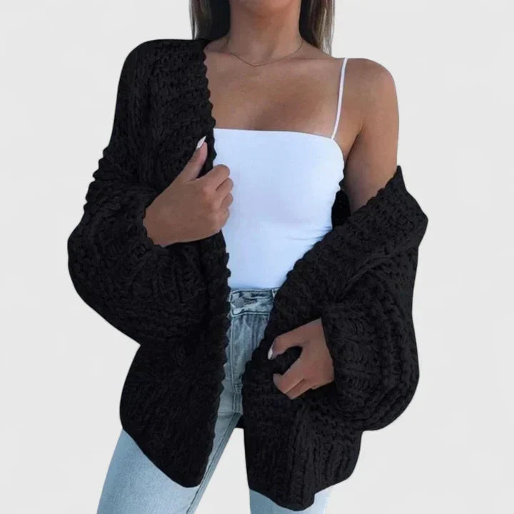 Damen Chunky-Strickjacke elegant mit offener Front in Schwarz
