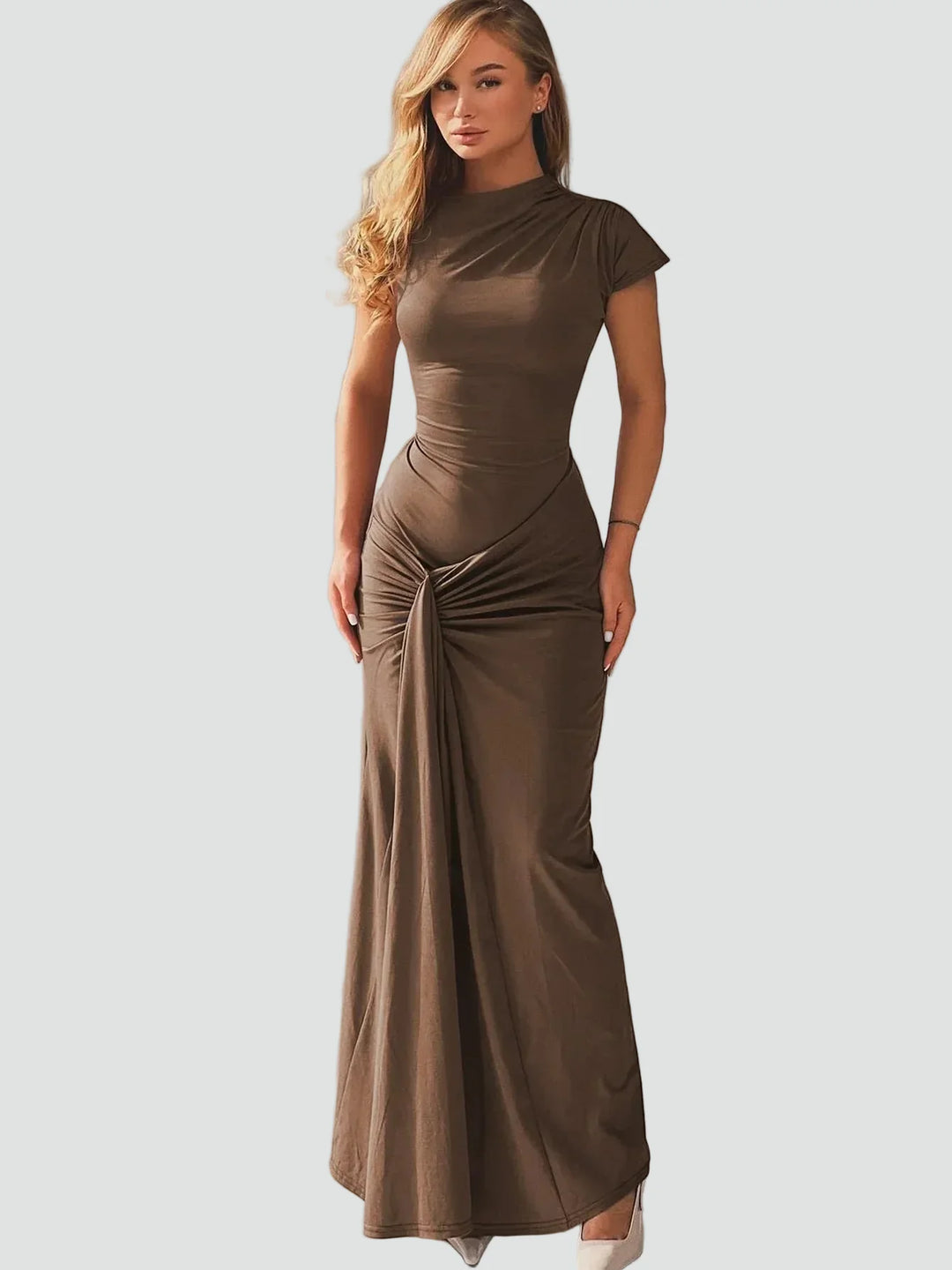 Damen Cocktailkleid Maxi Kurzarm mit Plissees in Braun