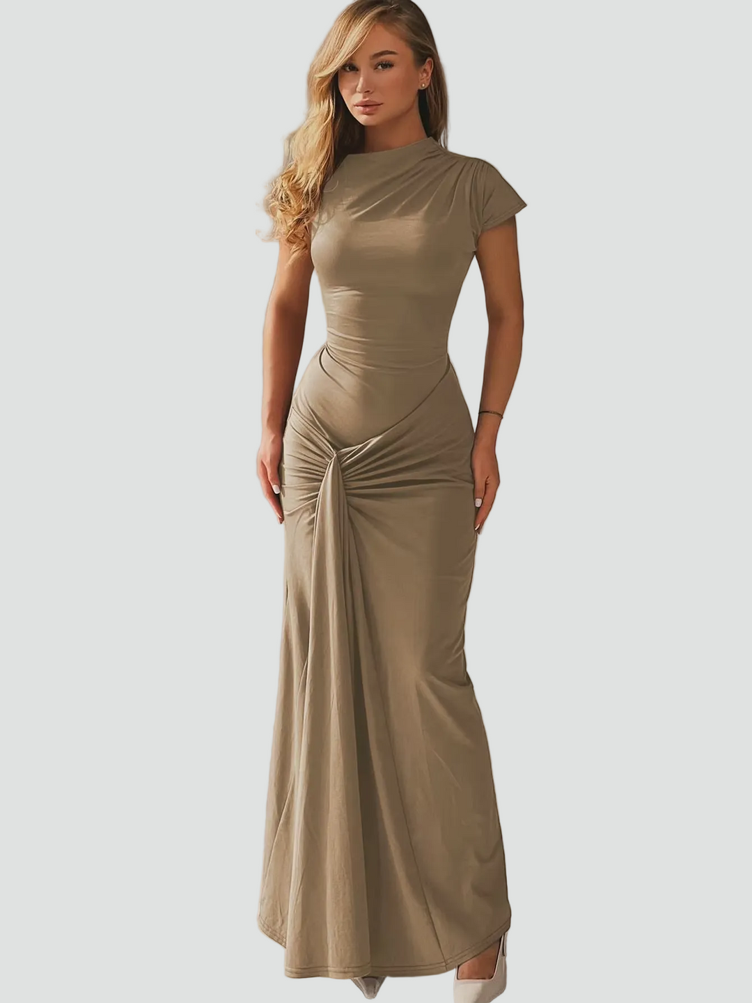 Damen Cocktailkleid Maxi Kurzarm mit Plissees in Khaki