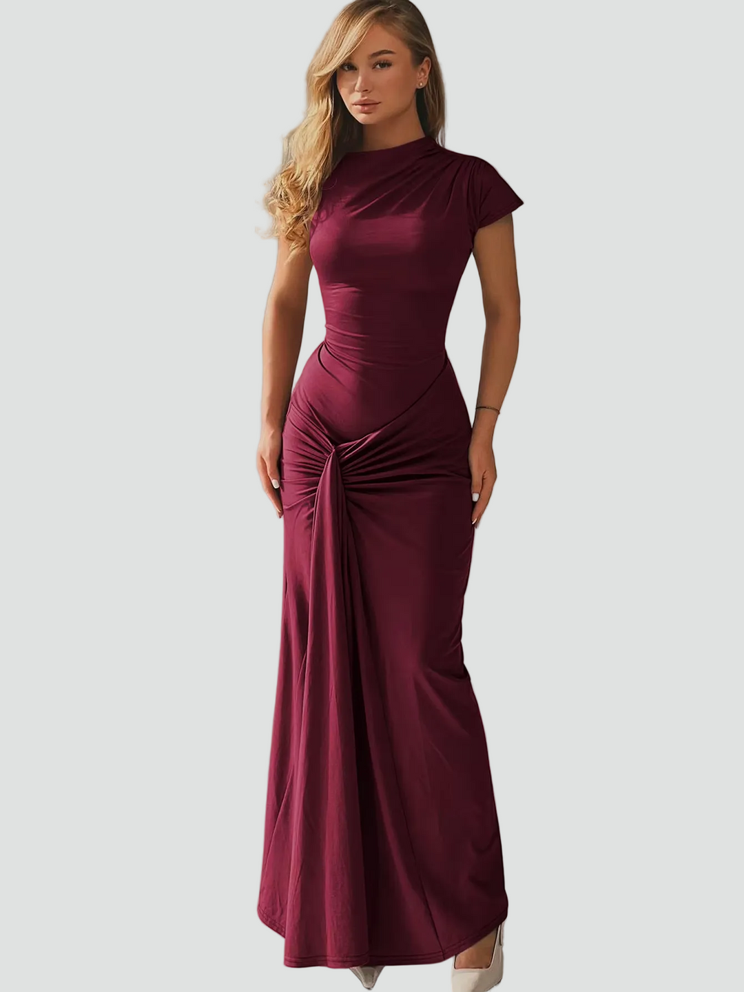 Damen Cocktailkleid Maxi Kurzarm mit Plissees in Rode wijn