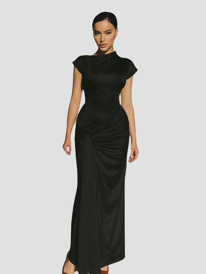 Damen Cocktailkleid Maxi Kurzarm mit Plissees in Schwarz