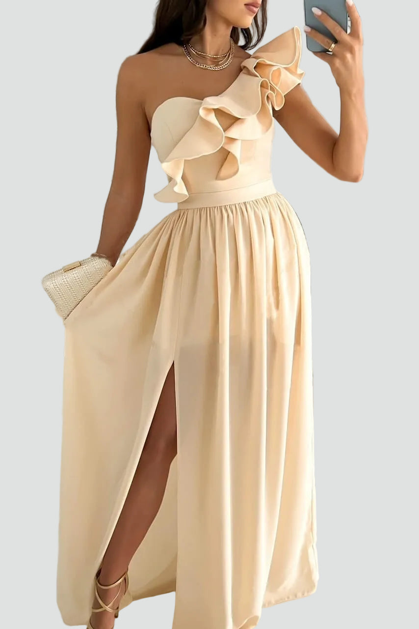 Damen Cocktailkleid Maxi mit Schulter-Volant und Schlitz in Beige