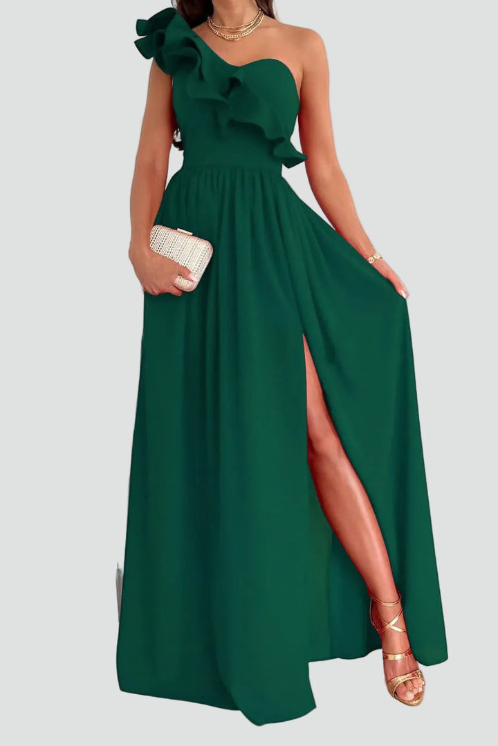 Damen Cocktailkleid Maxi mit Schulter-Volant und Schlitz in Grün
