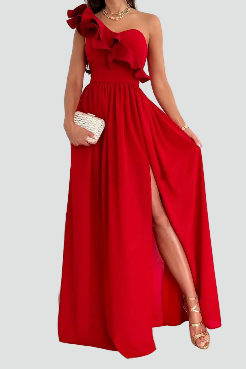 Damen Cocktailkleid Maxi mit Schulter-Volant und Schlitz in Rot
