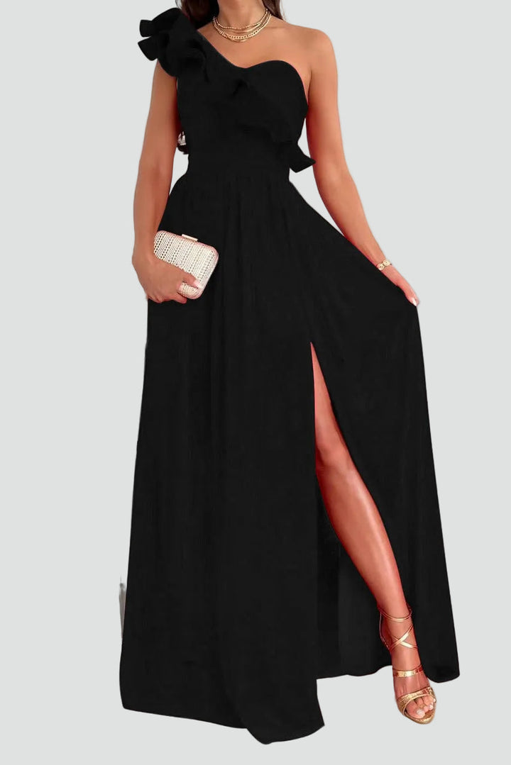 Damen Cocktailkleid Maxi mit Schulter-Volant und Schlitz in Schwarz