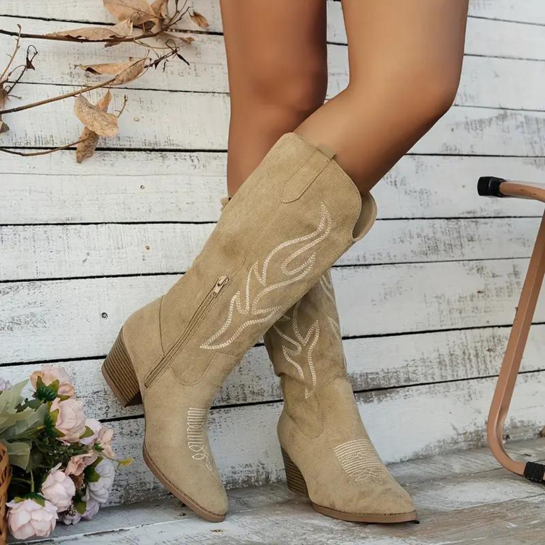 Damen Cowboy Lederstiefel im Retro-Stil in Beige