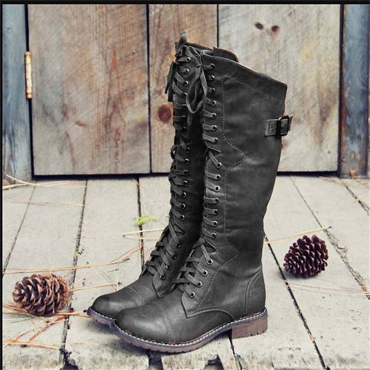Damen Elegante Lederstiefel mit Schnürung in Schwarz