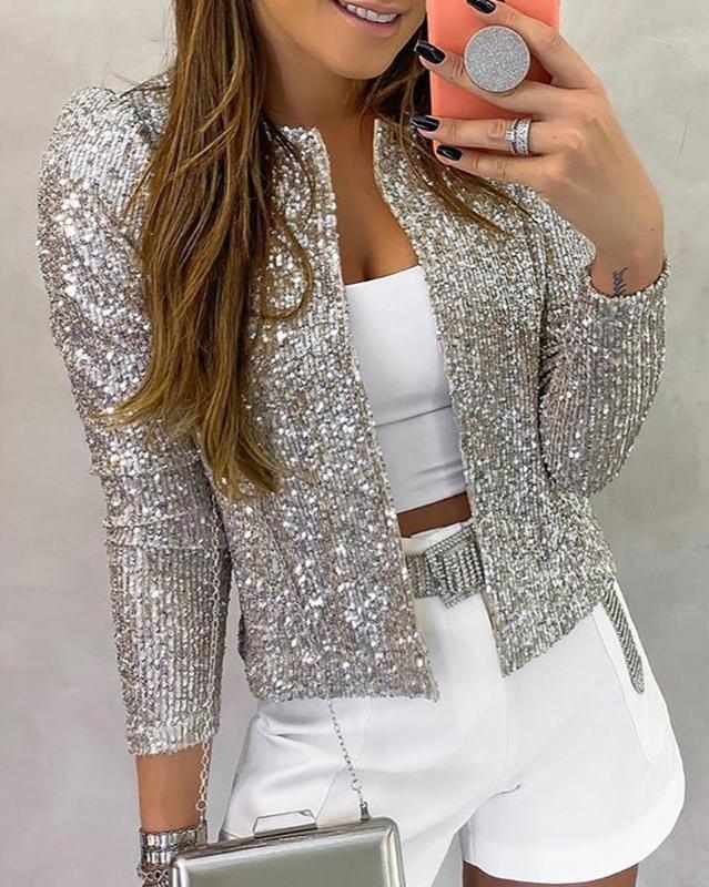 Damen Elegante Offene Jacke in Silberfarben