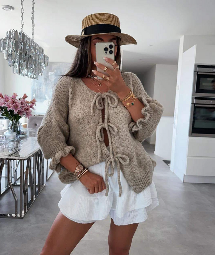 Damen elegante Strickjacke mit Schleife