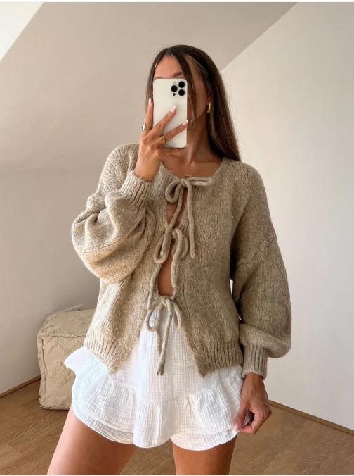 Damen elegante Strickjacke mit Schleife (2)