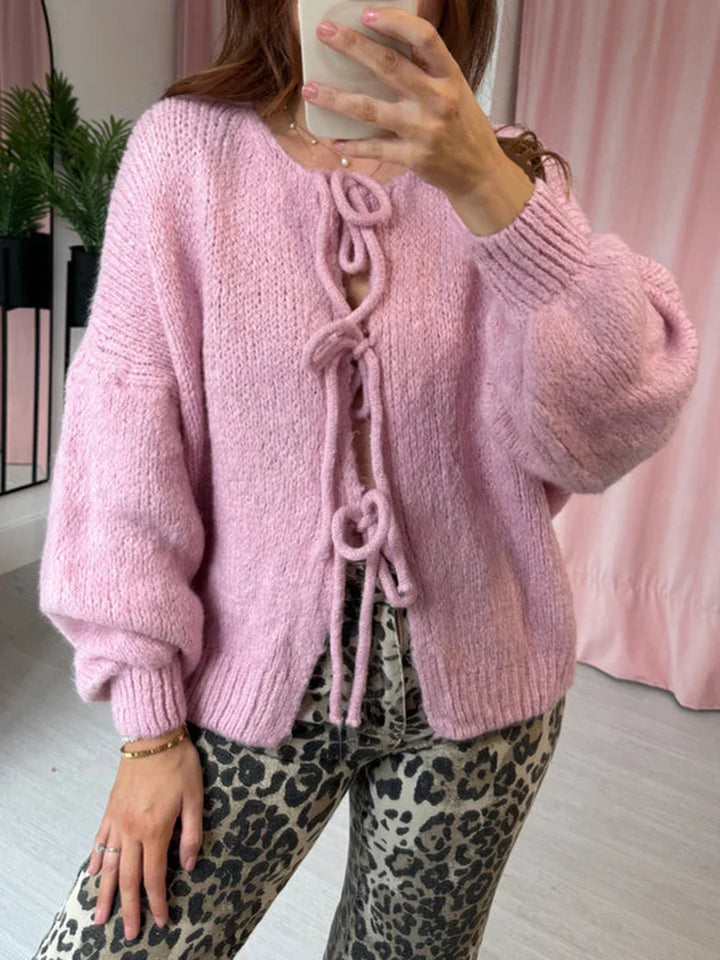 Damen elegante Strickjacke mit Schleife (3)
