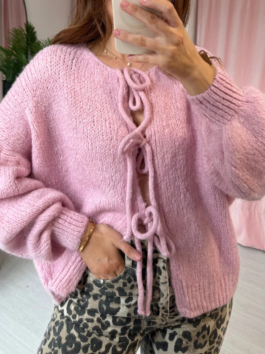 Damen elegante Strickjacke mit Schleife (4)