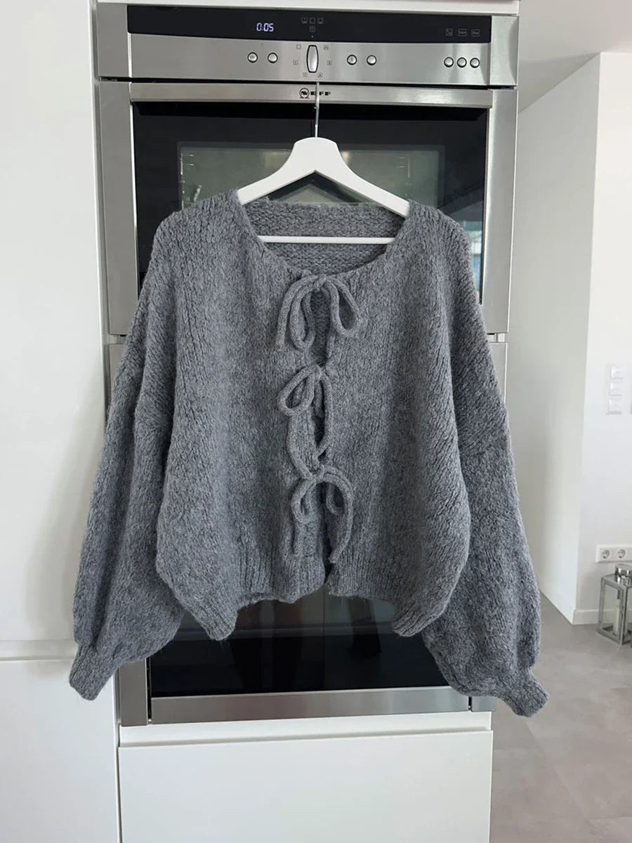 Damen elegante Strickjacke mit Schleife (6)